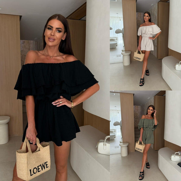 Solid Off-Shoulder Romper with Ruffled Top and Elastic Waist