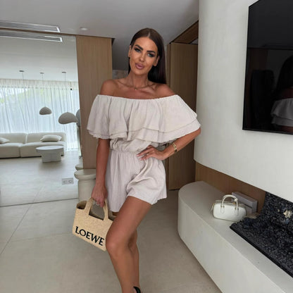 Solid Off-Shoulder Romper with Ruffled Top and Elastic Waist