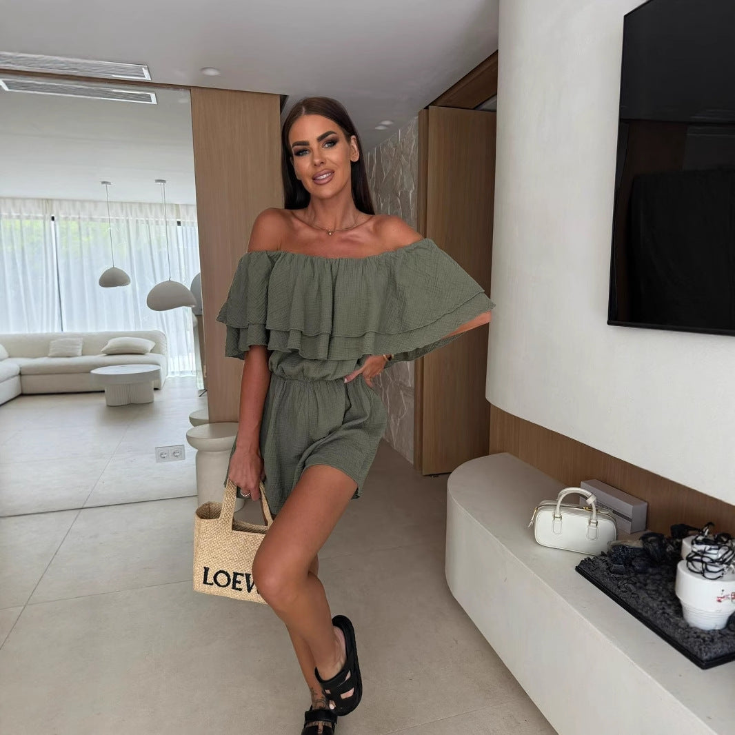 Solid Off-Shoulder Romper with Ruffled Top and Elastic Waist