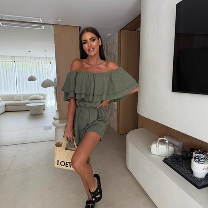 Solid Off-Shoulder Romper with Ruffled Top and Elastic Waist