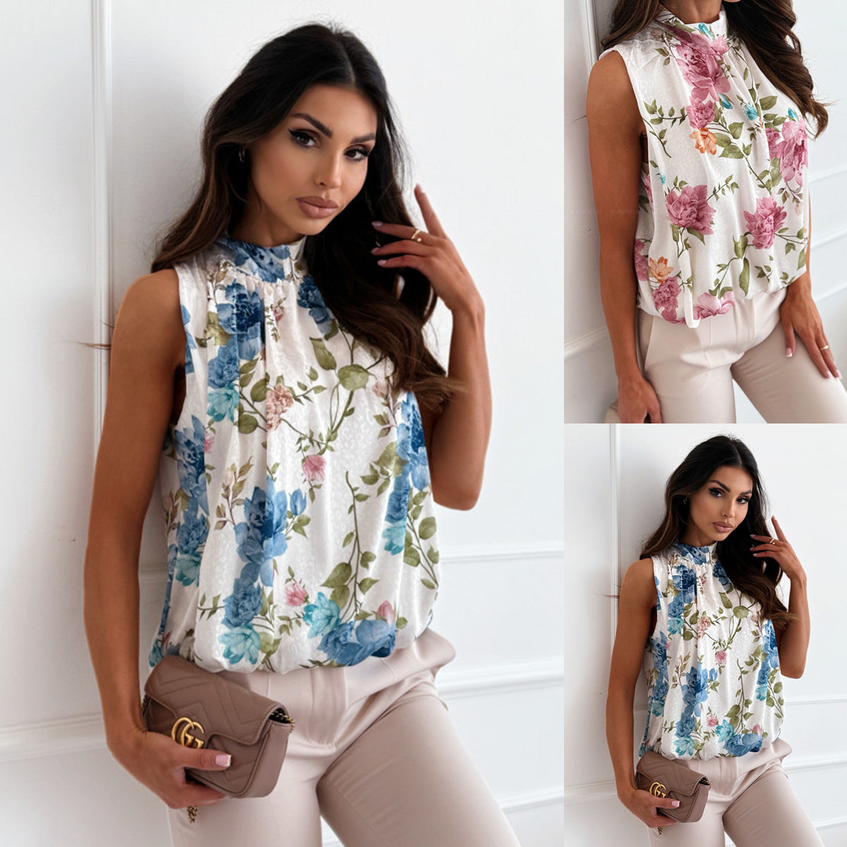 Sleeveless Floral Print Blouse with Pleated Stand Collar