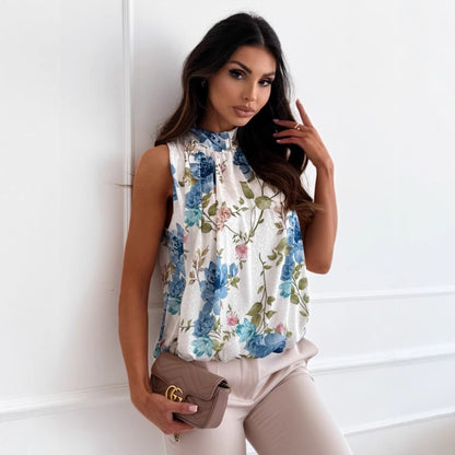 Sleeveless Floral Print Blouse with Pleated Stand Collar