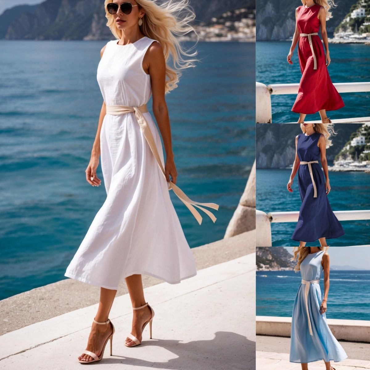 Sleeveless A-Line Midi Dress with Round Neck and Tie Waist