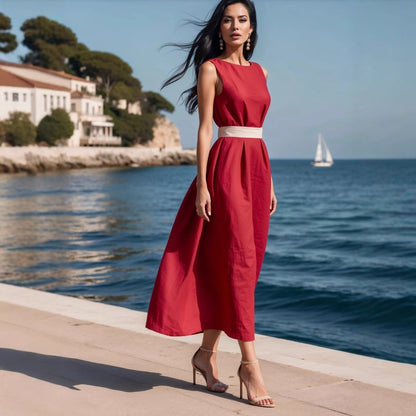 Sleeveless A-Line Midi Dress with Round Neck and Tie Waist