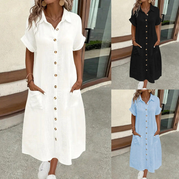 Midi Shirt Dress with V-Neck and Button Front