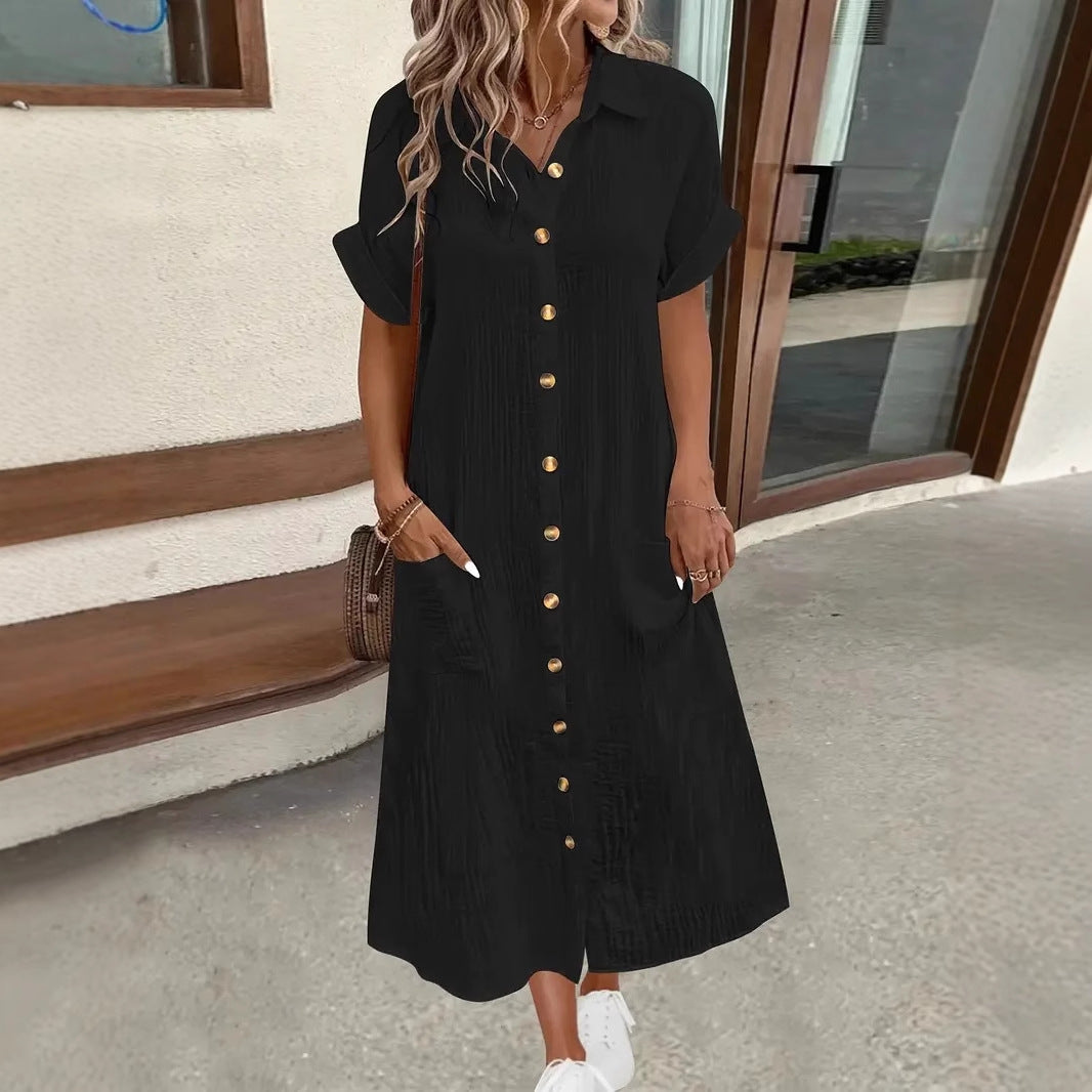 Midi Shirt Dress with V-Neck and Button Front