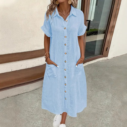 Midi Shirt Dress with V-Neck and Button Front
