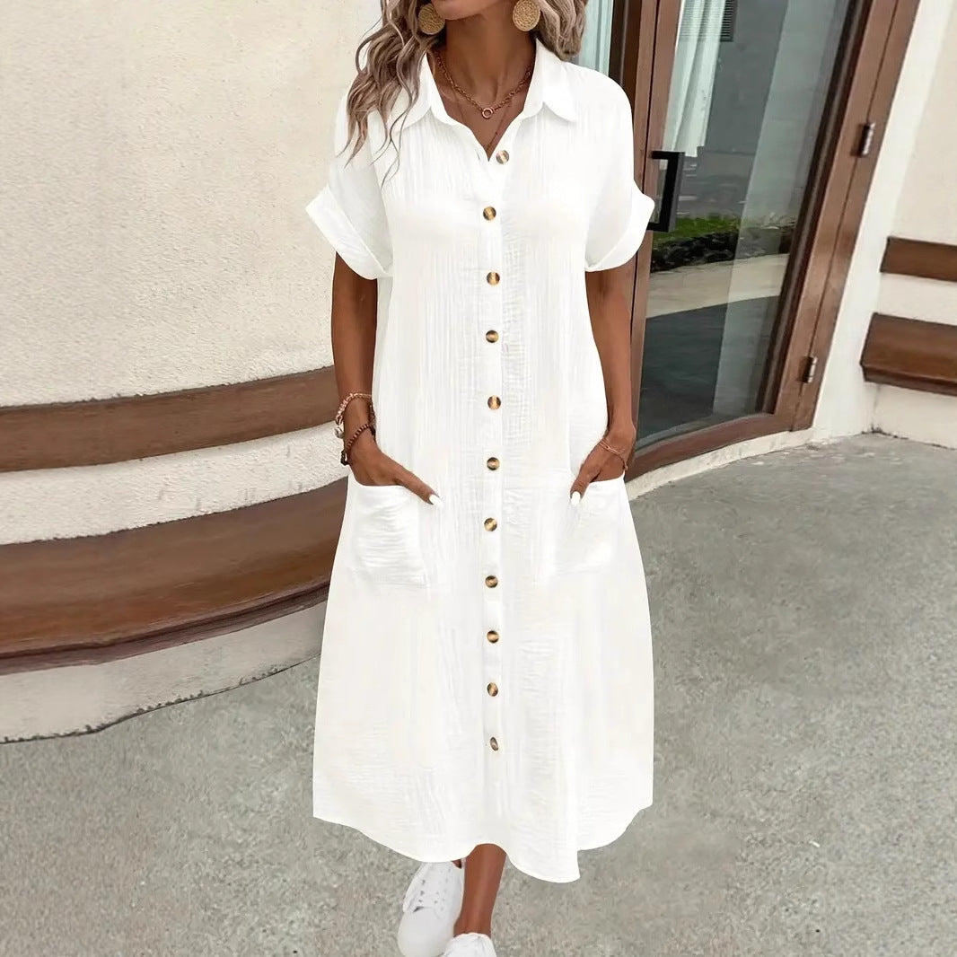 Midi Shirt Dress with V-Neck and Button Front