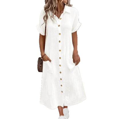 Midi Shirt Dress with V-Neck and Button Front