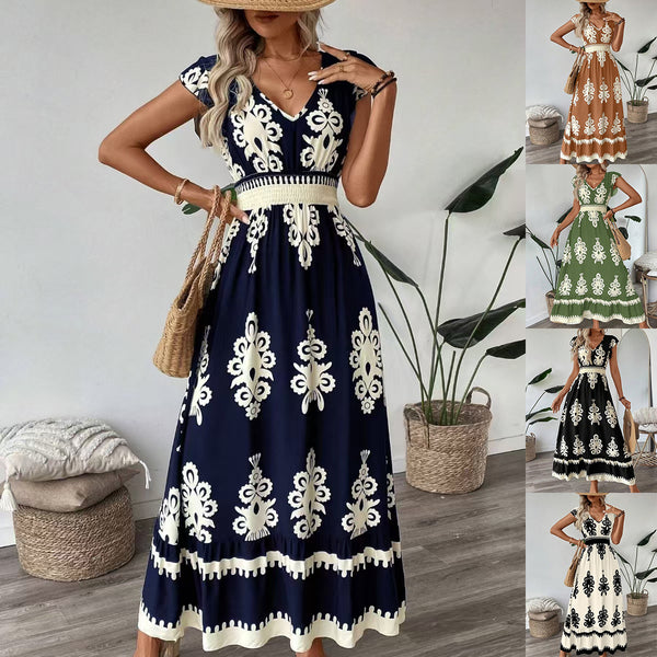 Printed A-Line Maxi Dress with V-Neck