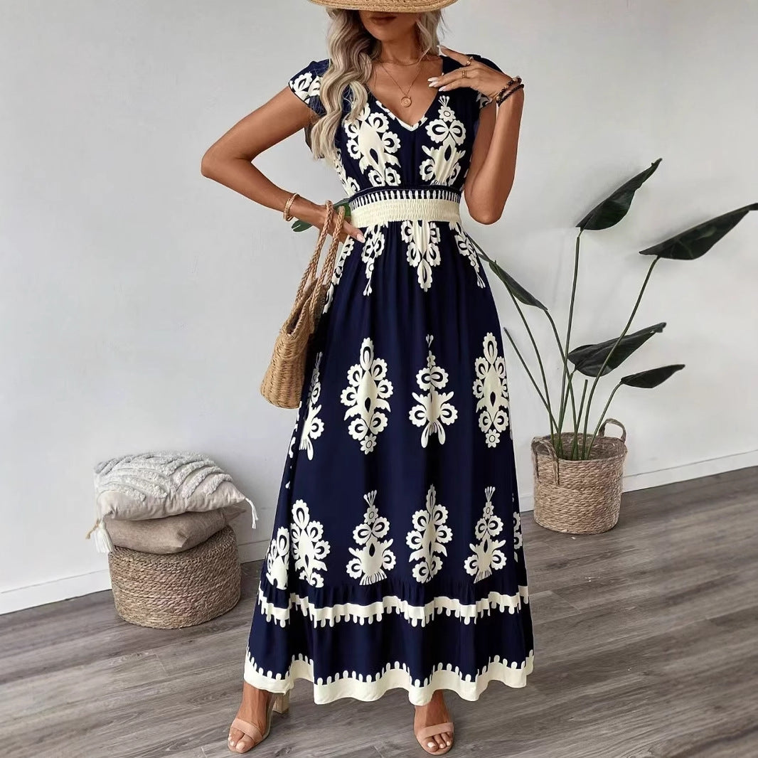Printed A-Line Maxi Dress with V-Neck