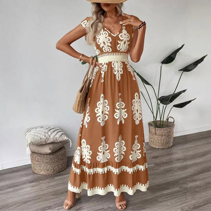 Printed A-Line Maxi Dress with V-Neck