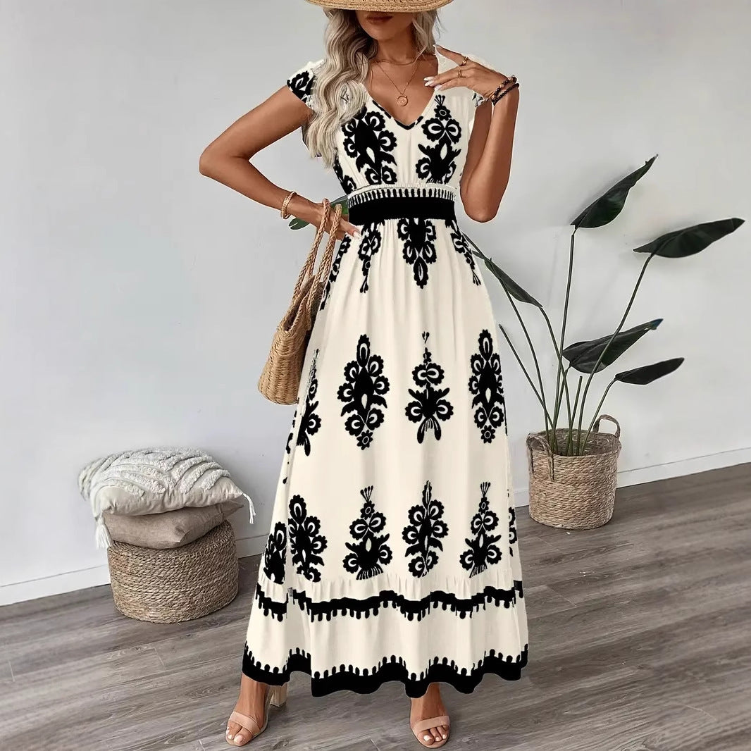 Printed A-Line Maxi Dress with V-Neck