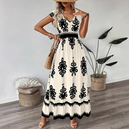 Printed A-Line Maxi Dress with V-Neck