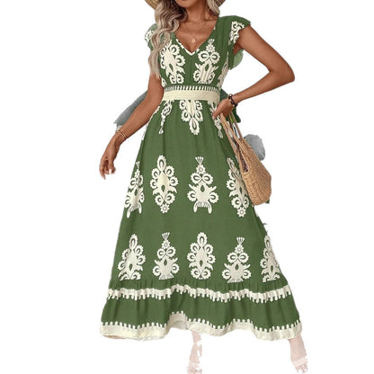 Printed A-Line Maxi Dress with V-Neck
