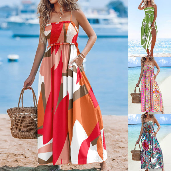Abstract Print Maxi Dress with Smocked Bodice and Pockets