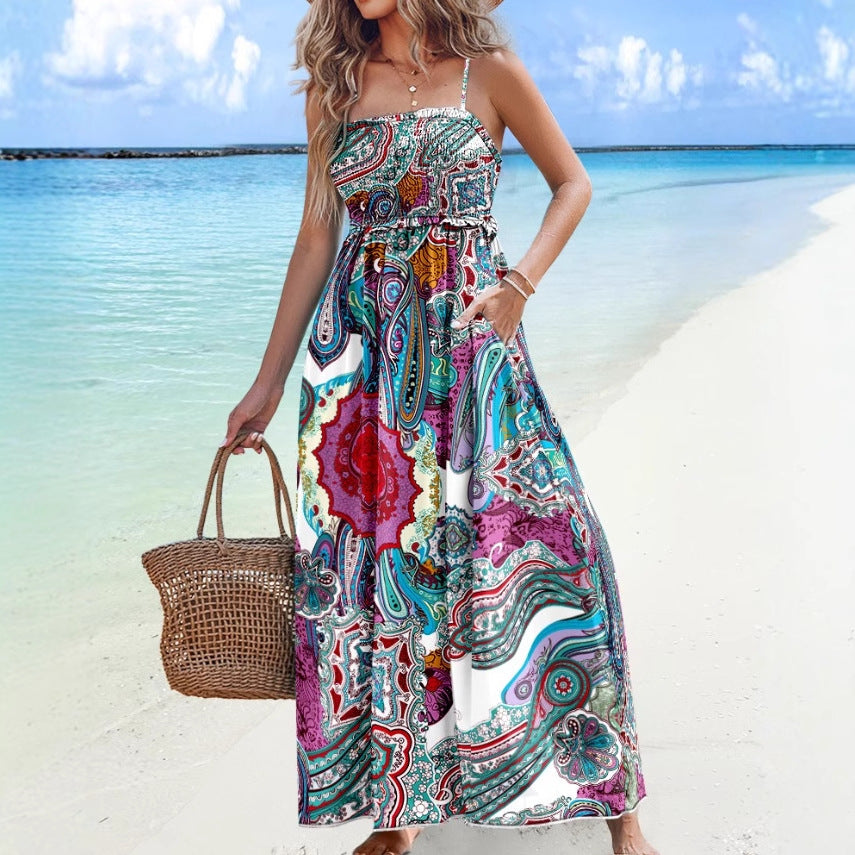 Abstract Print Maxi Dress with Smocked Bodice and Pockets