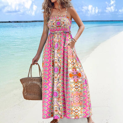Abstract Print Maxi Dress with Smocked Bodice and Pockets
