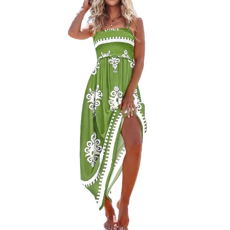 Abstract Print Maxi Dress with Smocked Bodice and Pockets