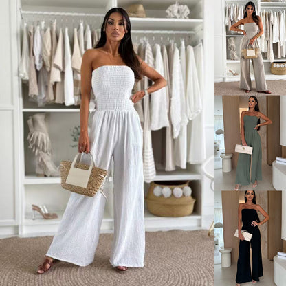 Wide-Leg Jumpsuit with Strapless Shirred Bodice