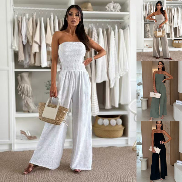 Wide-Leg Jumpsuit with Strapless Shirred Bodice