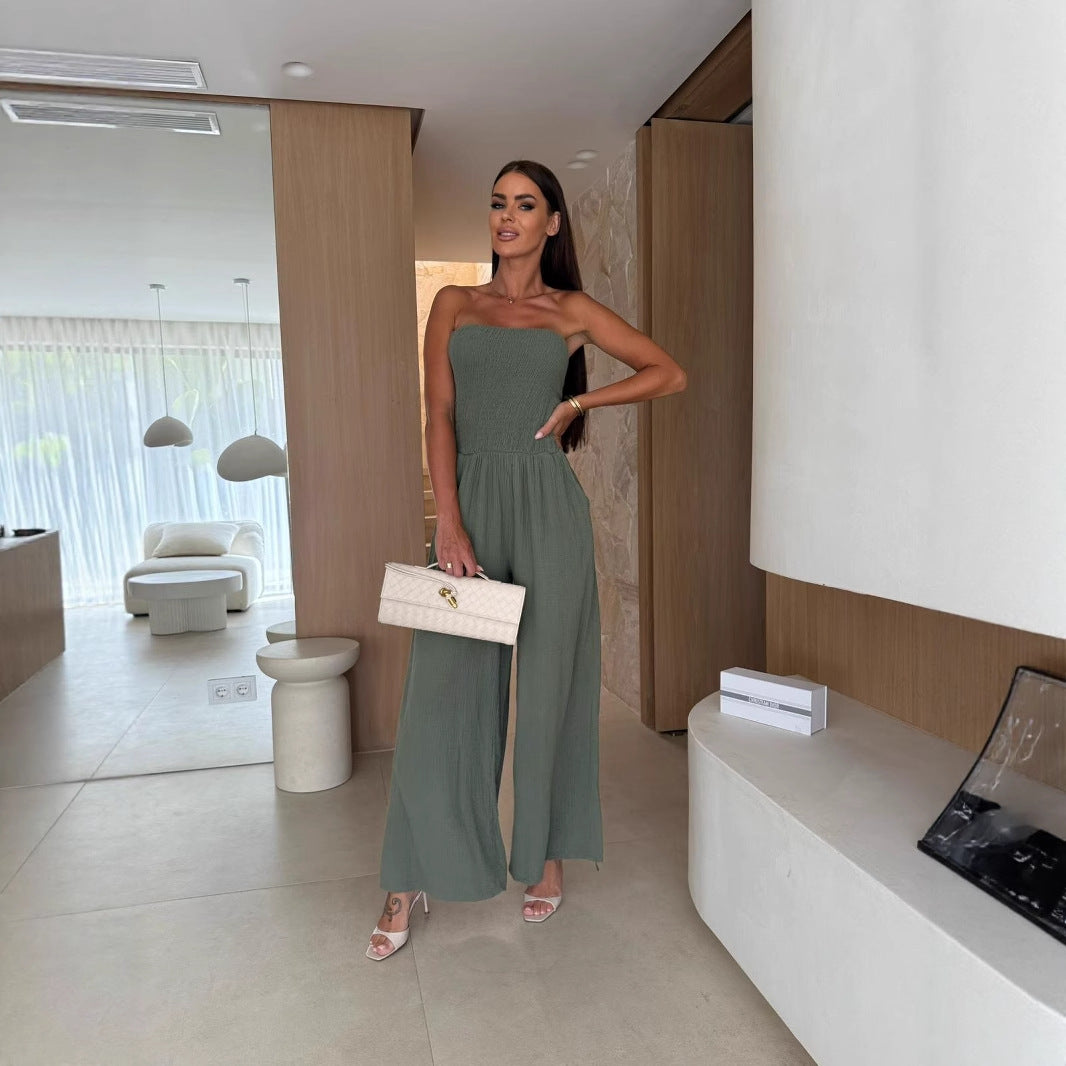 Wide-Leg Jumpsuit with Strapless Shirred Bodice
