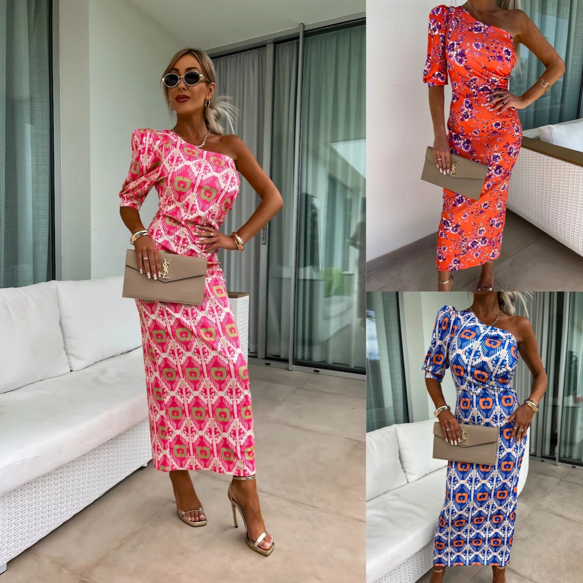 Ikat Print Midi Dress with One-Shoulder Puff Sleeve