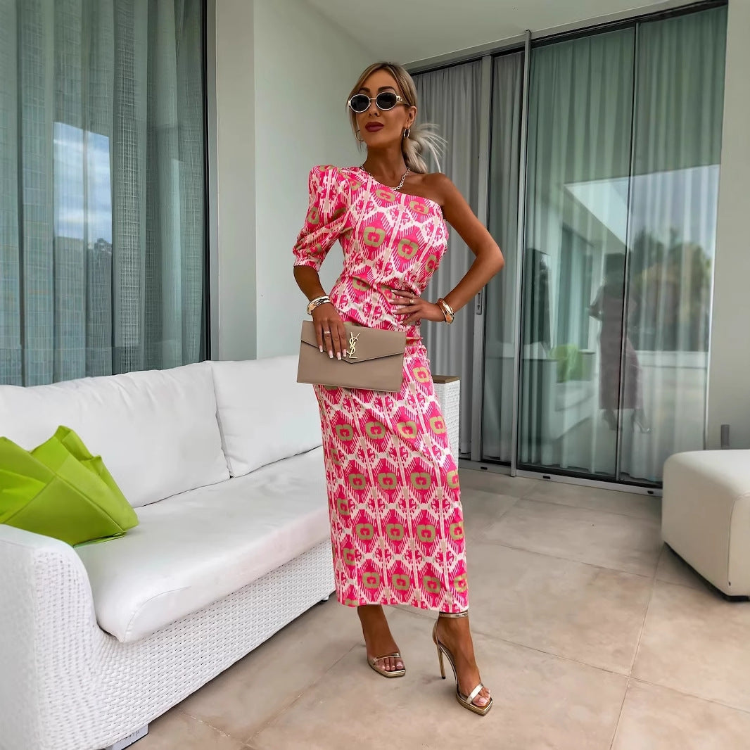 Ikat Print Midi Dress with One-Shoulder Puff Sleeve