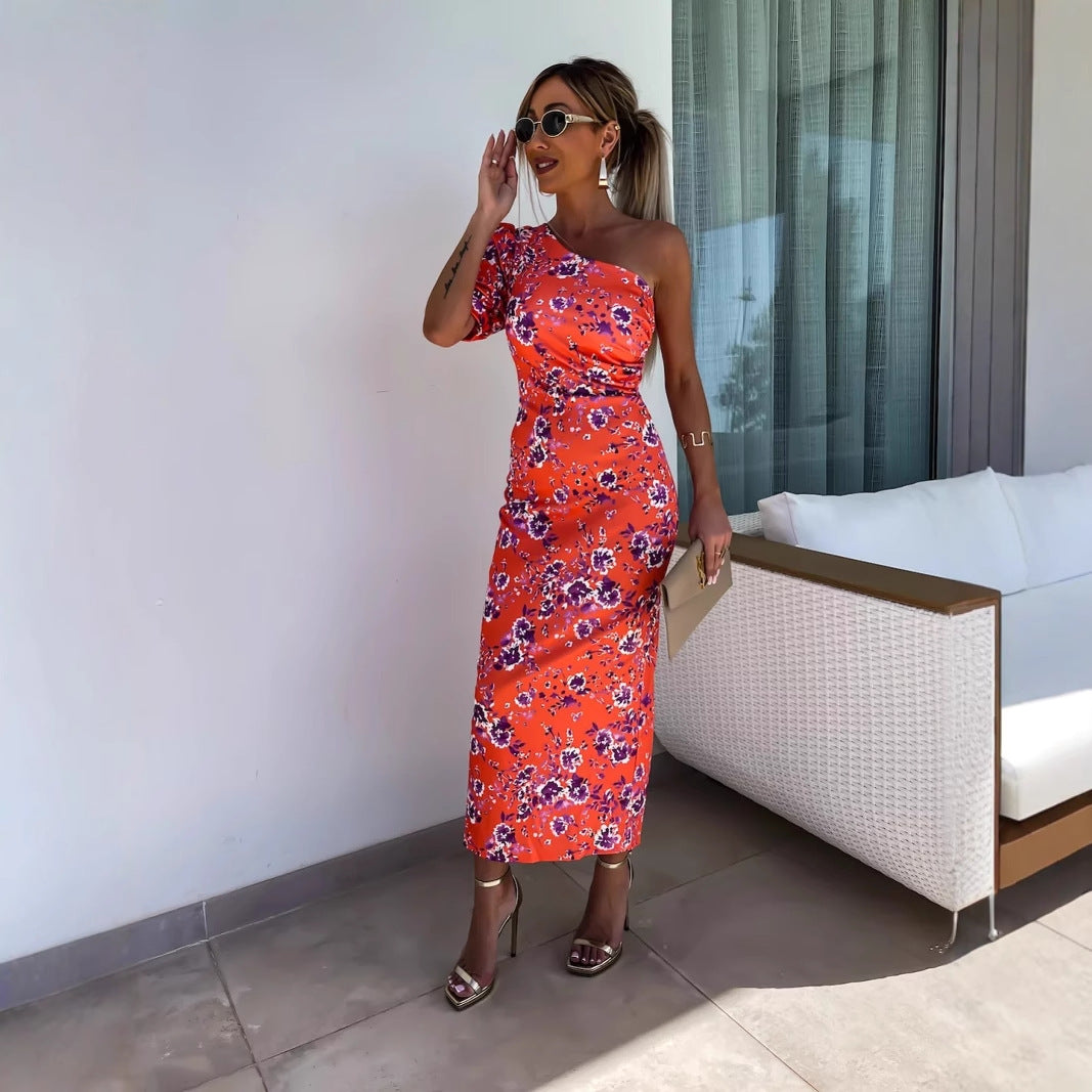 Ikat Print Midi Dress with One-Shoulder Puff Sleeve