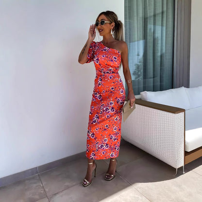 Ikat Print Midi Dress with One-Shoulder Puff Sleeve