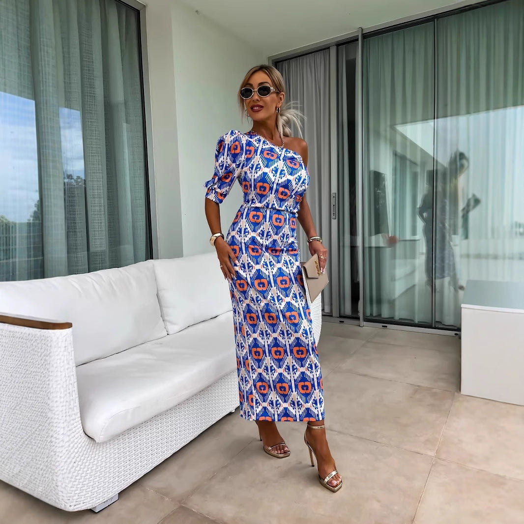 Ikat Print Midi Dress with One-Shoulder Puff Sleeve