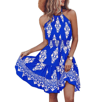Bohemian Print Halter Dress with Smocked Waist