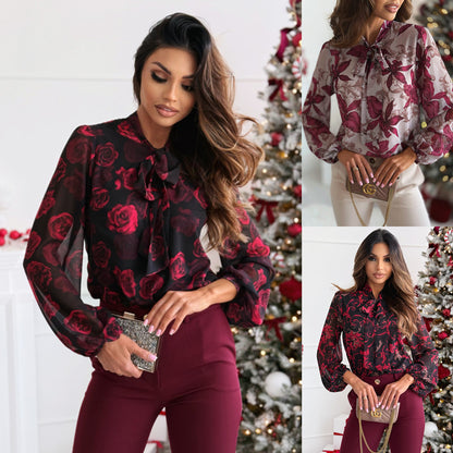 Rose Print Chiffon Blouse with Bow Collar and Long Sleeves