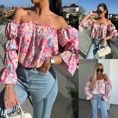 Floral Print Blouse with Off-Shoulder and Ruffled Sleeves