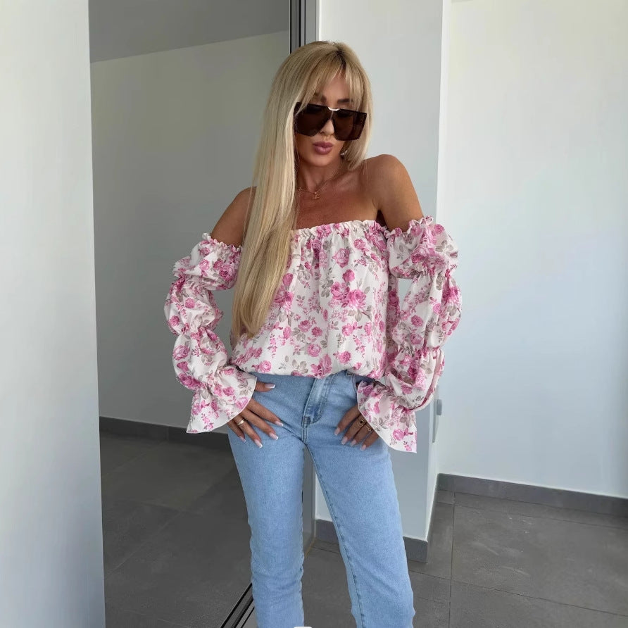 Floral Print Blouse with Off-Shoulder and Ruffled Sleeves