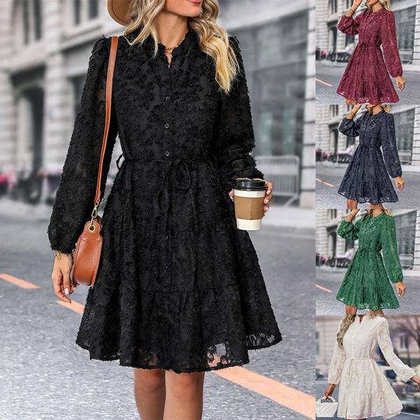 A-Line Lace Mini Dress with Stand Collar and Puff Sleeves