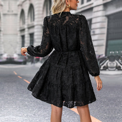 A-Line Lace Mini Dress with Stand Collar and Puff Sleeves