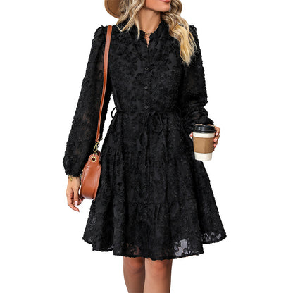 A-Line Lace Mini Dress with Stand Collar and Puff Sleeves