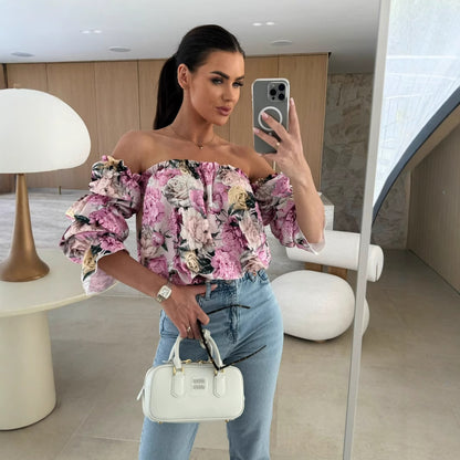 Floral Print Blouse with Off-Shoulder and Ruffled Sleeves
