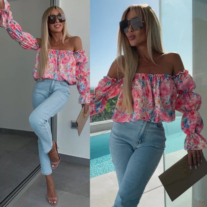 Floral Print Blouse with Off-Shoulder and Ruffled Sleeves