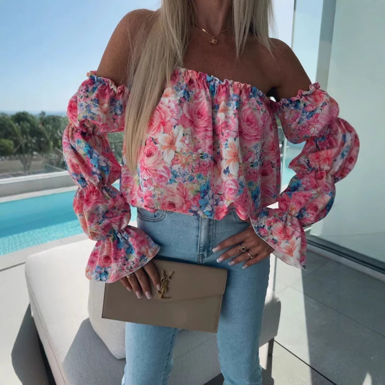 Floral Print Blouse with Off-Shoulder and Ruffled Sleeves