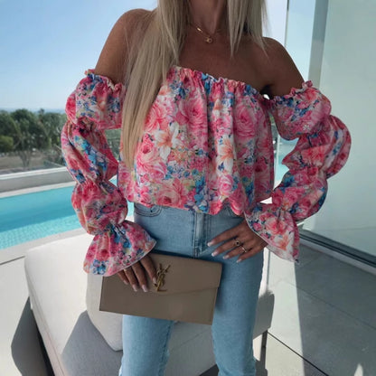 Floral Print Blouse with Off-Shoulder and Ruffled Sleeves