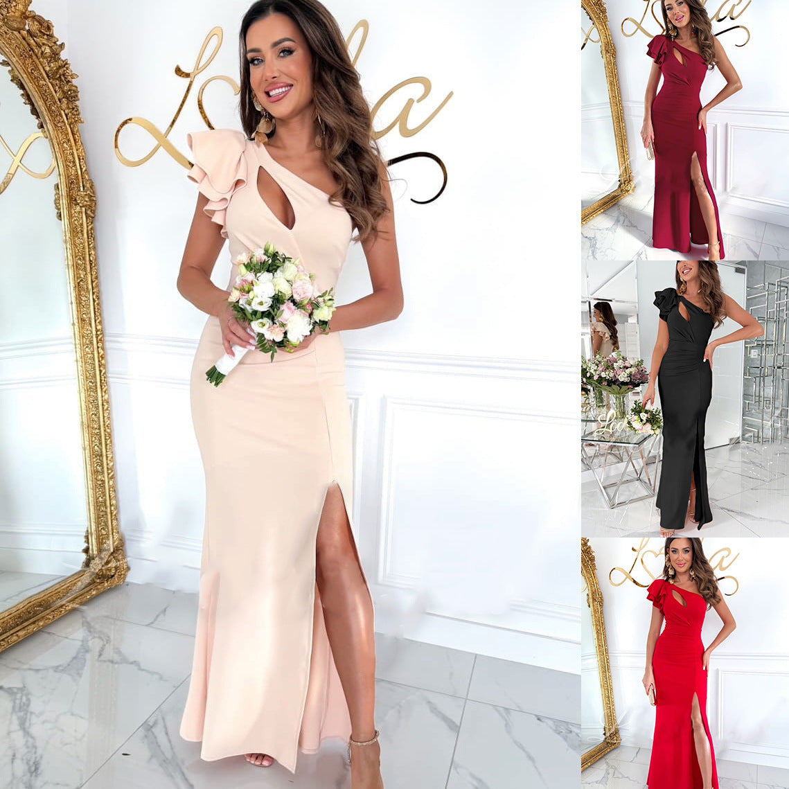Sheath Maxi Dress with One-Shoulder Ruffle, Cutout, and High Slit