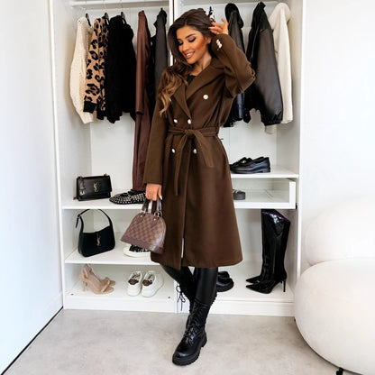 Solid Double-Breasted Midi Coat with Self-Tie Belt