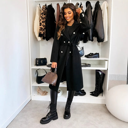 Solid Double-Breasted Midi Coat with Self-Tie Belt