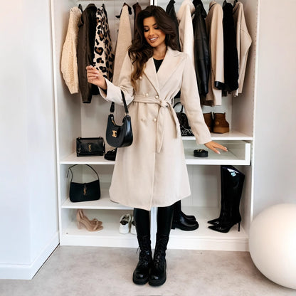 Solid Double-Breasted Midi Coat with Self-Tie Belt
