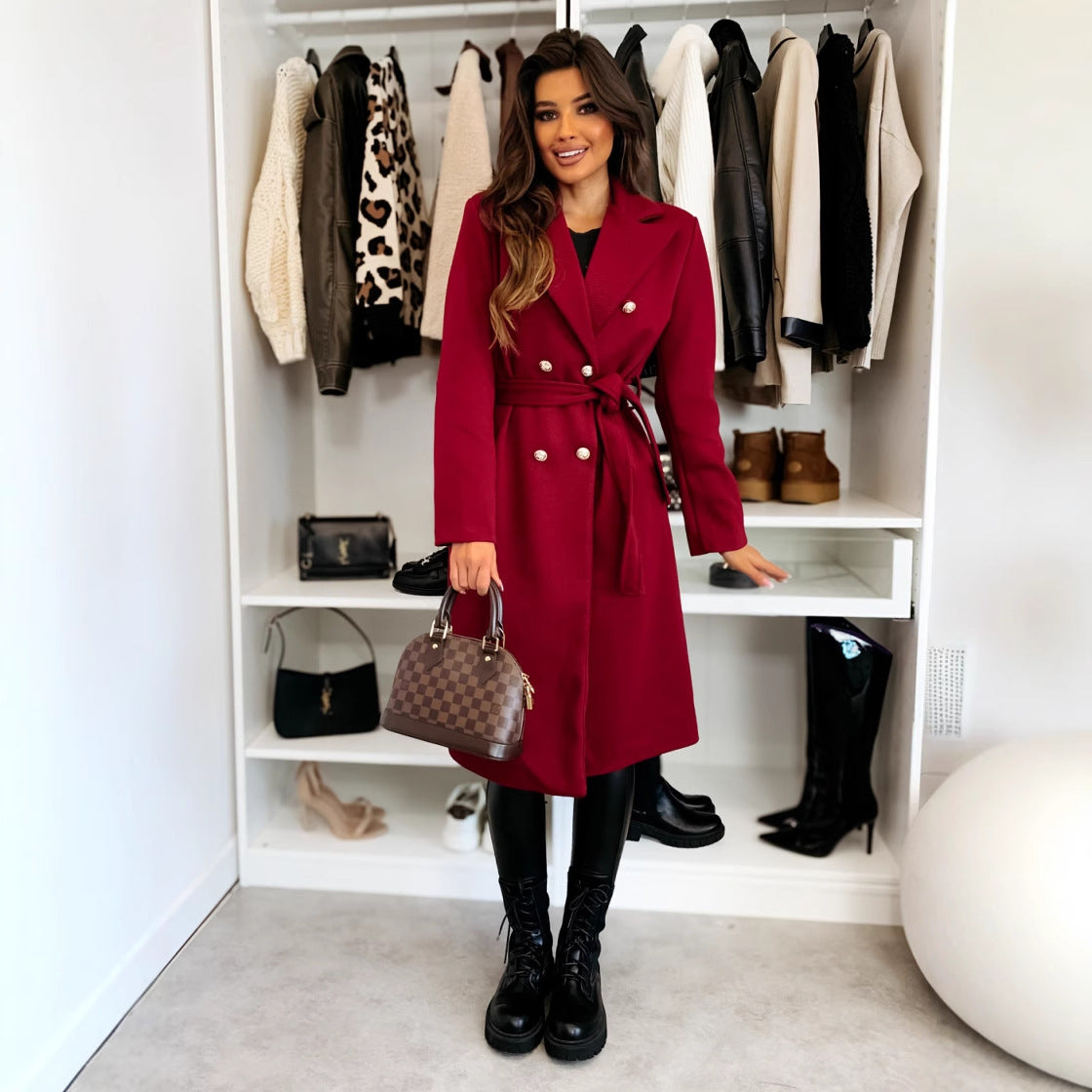 Solid Double-Breasted Midi Coat with Self-Tie Belt