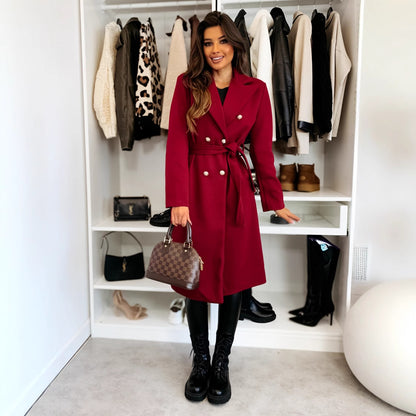Solid Double-Breasted Midi Coat with Self-Tie Belt