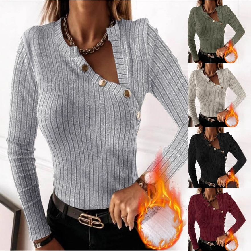Slim Fit Ribbed Knit Top with Asymmetrical Button Front