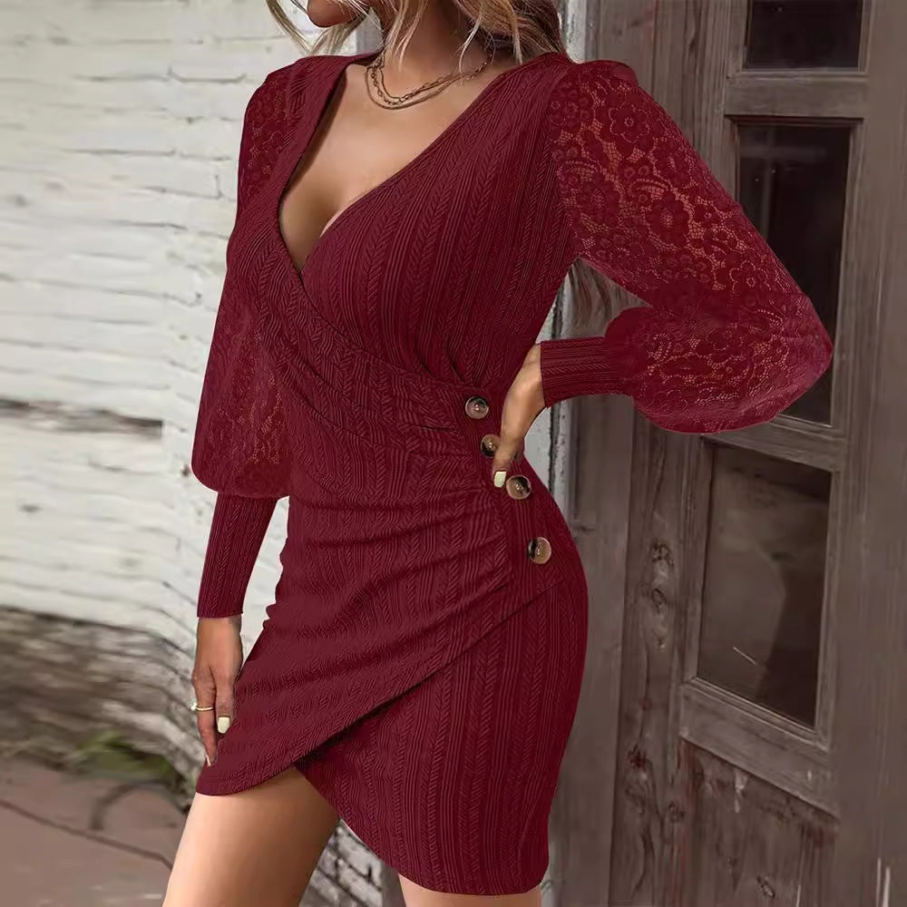Knit Bodycon Wrap Dress with Lace Puff Sleeves